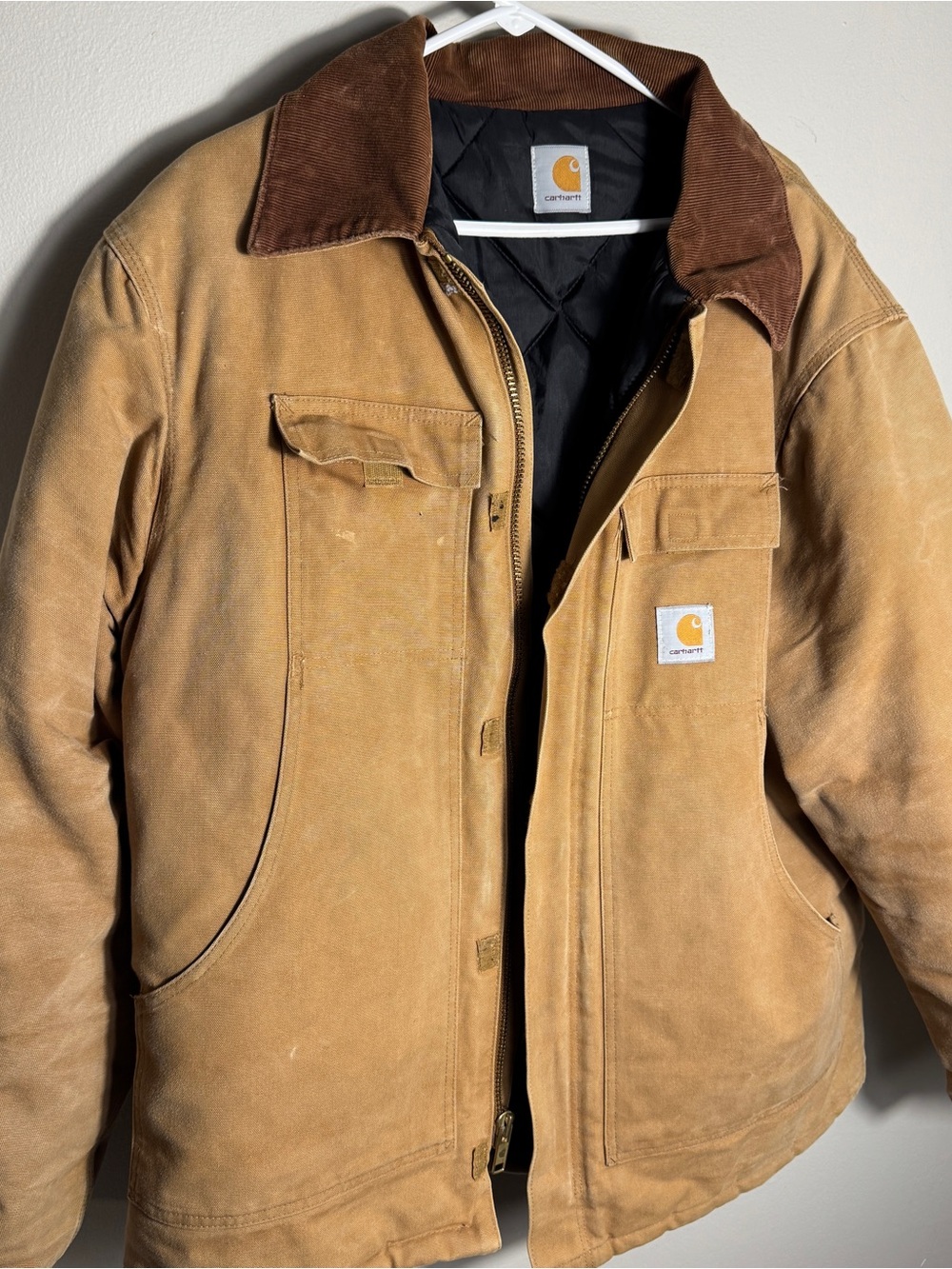 Carhartt Brown Duck Canvas Quilted Work Jacket Distressed Corduroy Collar XXL?